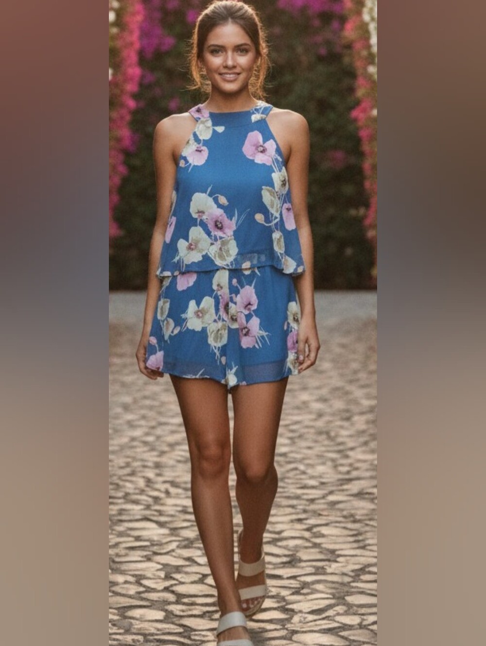 Peach Love California Blue Floral Romper Shorts Medium